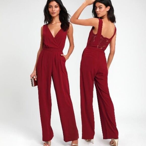 Lulus Pants - NWT Lulus Kiska Burgundy Lace Wide Leg Jumpsuit S